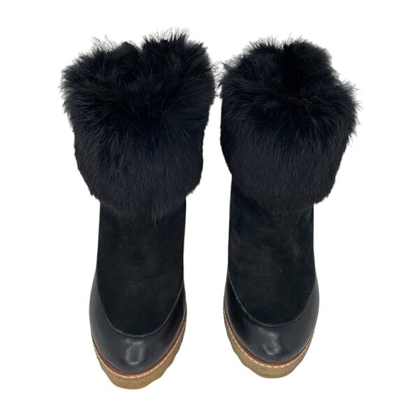 Tory Burch Andrea Rabbit Fur Wedge Soho Luxury Suede Black Size 5 - Picture 5 of 13